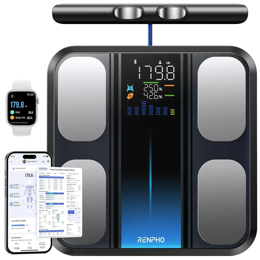 smart body fat scale with RENPHO app and health metrics display