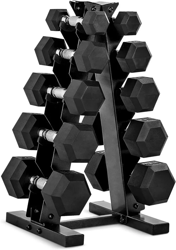 rubber coated dumbbell set with vertical rack