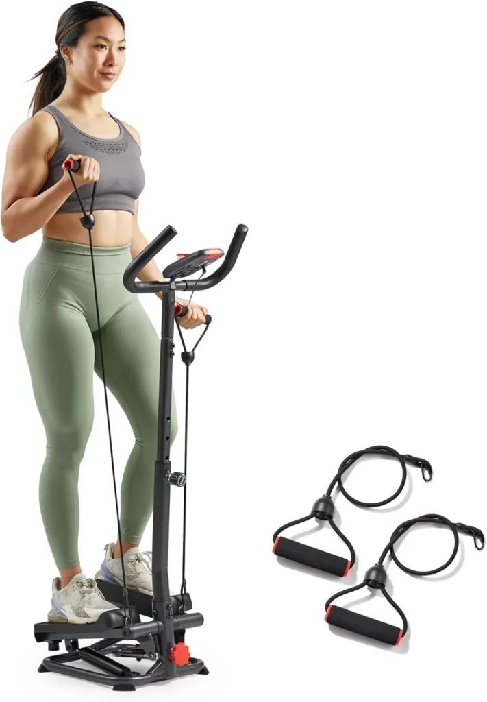 Sunny Health & Fitness 2-in-1 Smart Stepper Machine with resistance bands